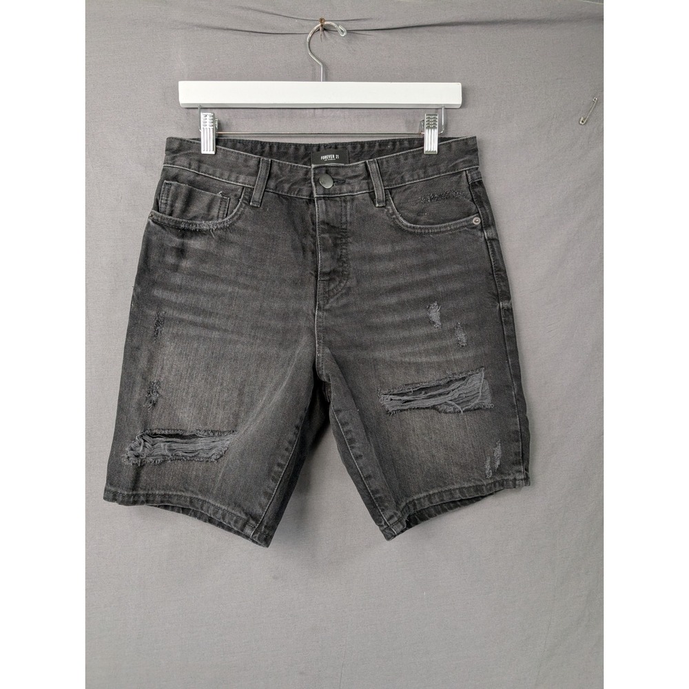 Forever 21 Mens Slim Fit Distressed Denim Shorts Grey Size 30 Ripped Jean Shorts